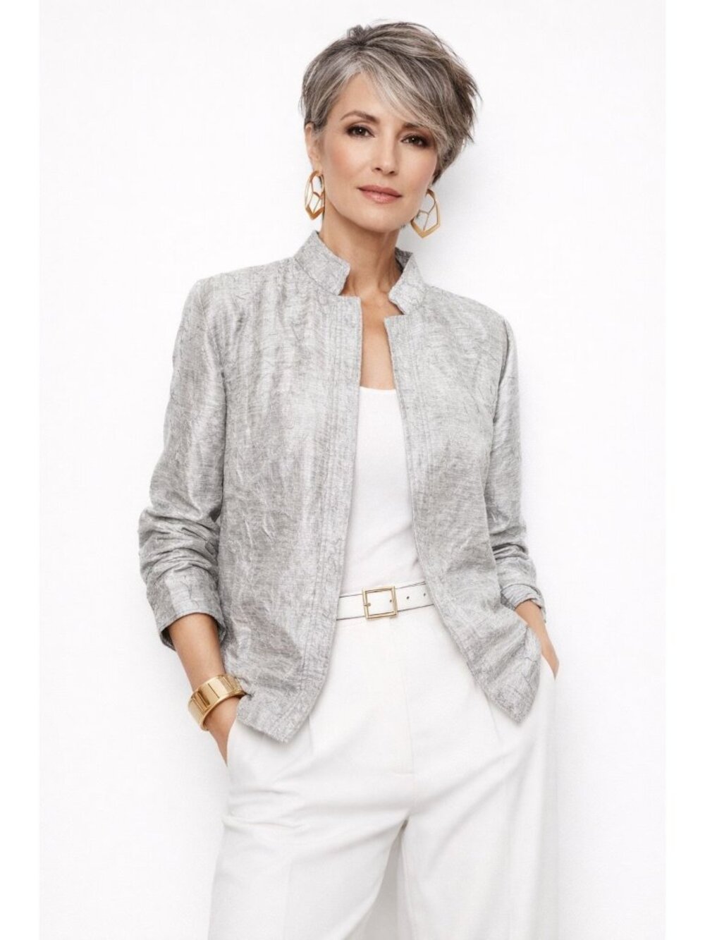 Chicos Metallic Silver Crinkle Texture Open Front Cardigan Lightweight Jacket 2